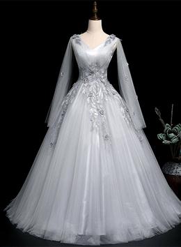 Picture of Grey V-neckline Ball Gown with Lace and Flowers Party Dresses, Grey Sweet 16 Dresses